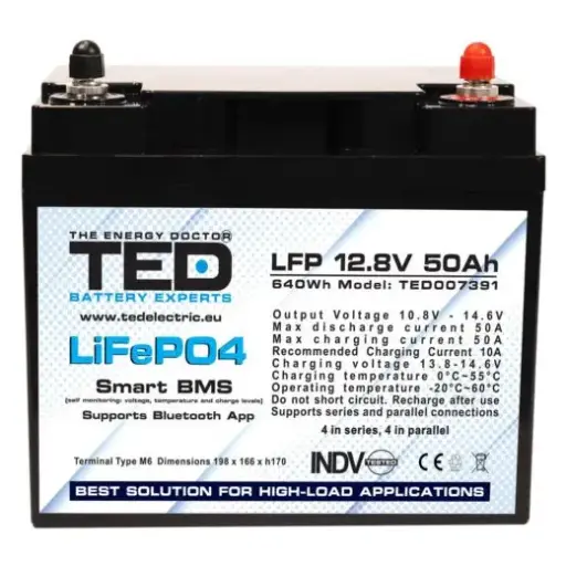[TED007391] UPS LiFeP04 12,8V 50Ah BMS, Bluetooth, M6